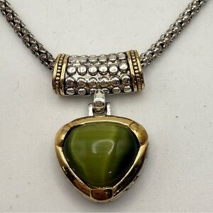 Gold & Silver Tone Green Cat Eye  Pendant Neckace